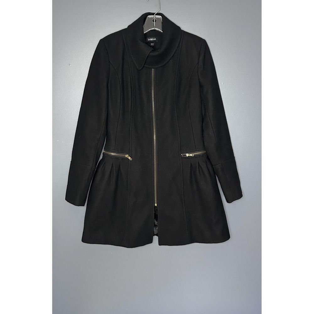 Vintage 90s Y2K Bebe Coat Womens S Black Wool Zip Fit & Flare Funnel Gossip Girl